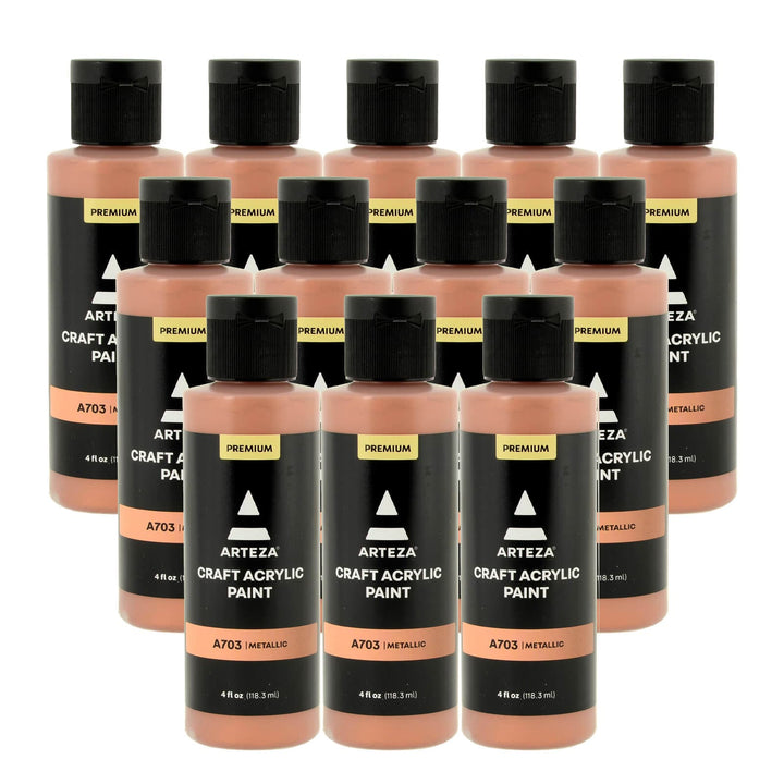 12 bottles of bronze metallic acrylic paint on a white background