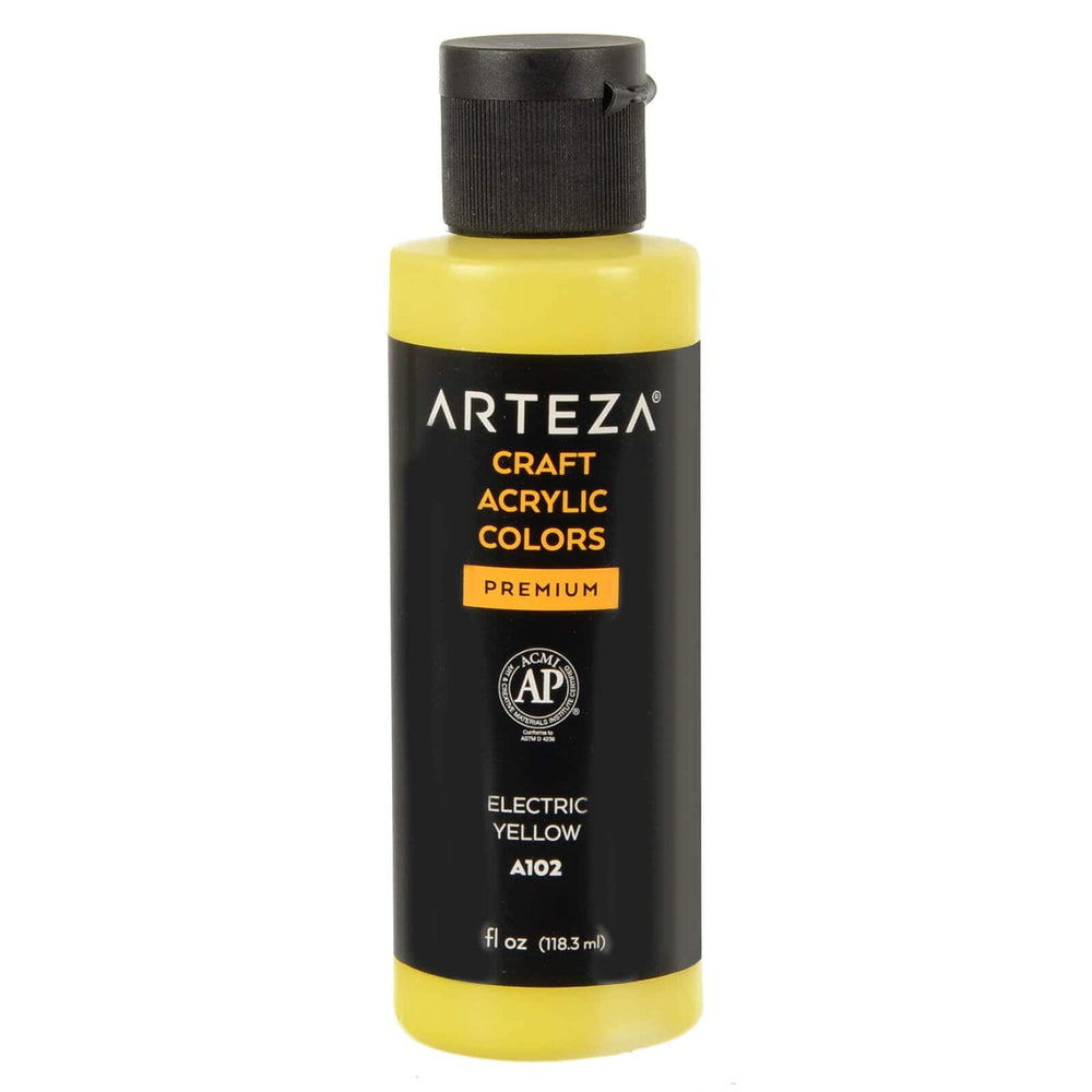 Bottle of Arteza A102 Electric Yellow acrylic paint on a white background