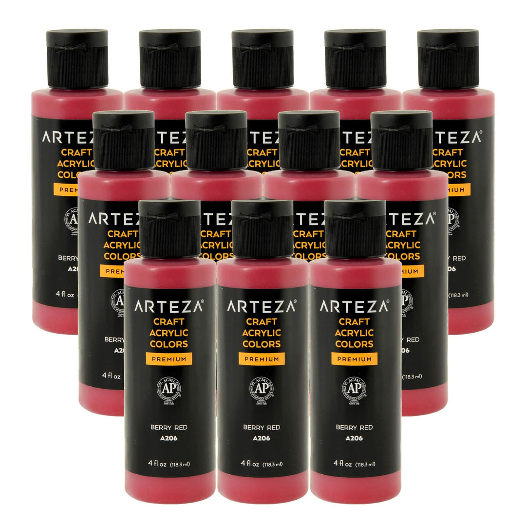 12 bottles of berry red acrylic paint on a white background