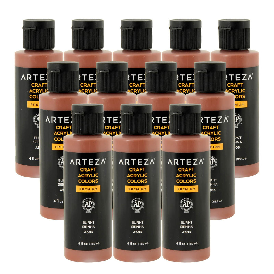 12 bottles of burnt sienna acrylic paint on a white background