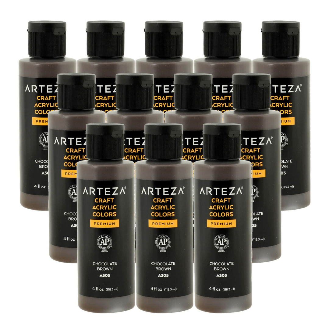 12 bottles of dark brown acrylic paint on a white background