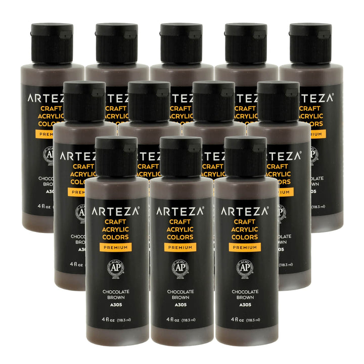 12 bottles of dark brown acrylic paint on a white background