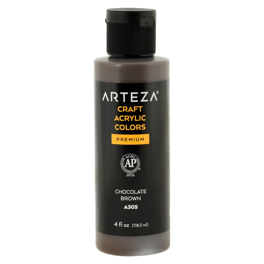 bottle of Arteza A305 Chocolate Brown acrylic paint on a white background