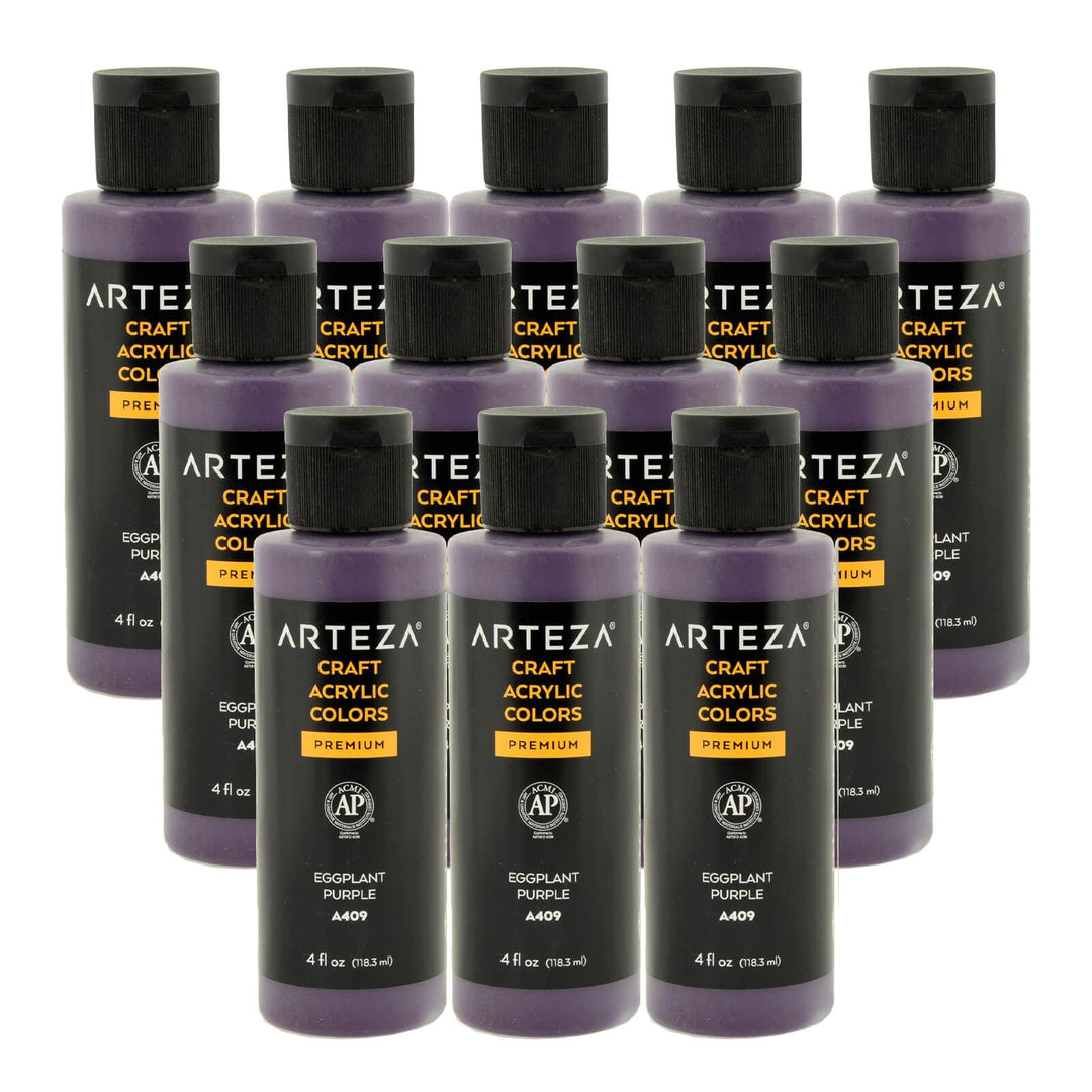 12 bottles of purple acrylic paint on a white background