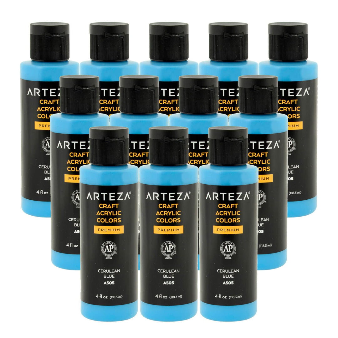 12 bottles of bright blue acrylic paint on a white background