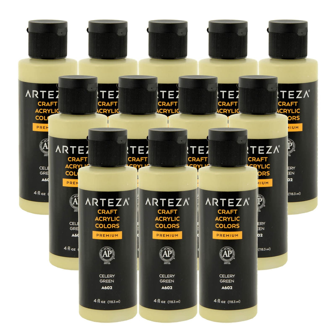 12 bottles of light green acrylic paint on a white background