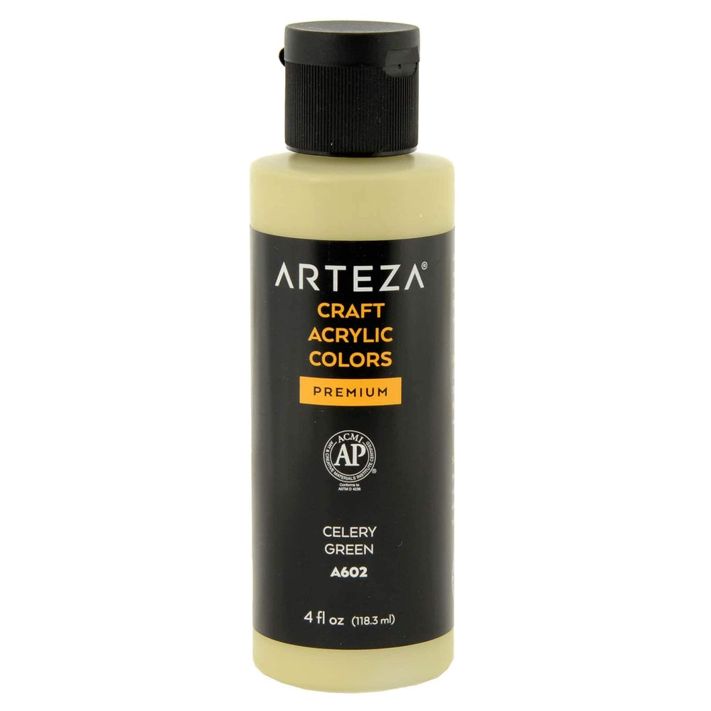 bottle of Arteza branded A602 Celery Green acrylic paint on a white background