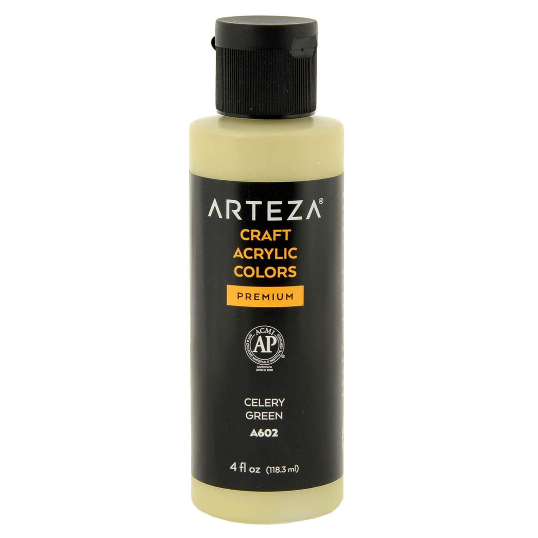 bottle of Arteza branded A602 Celery Green acrylic paint on a white background