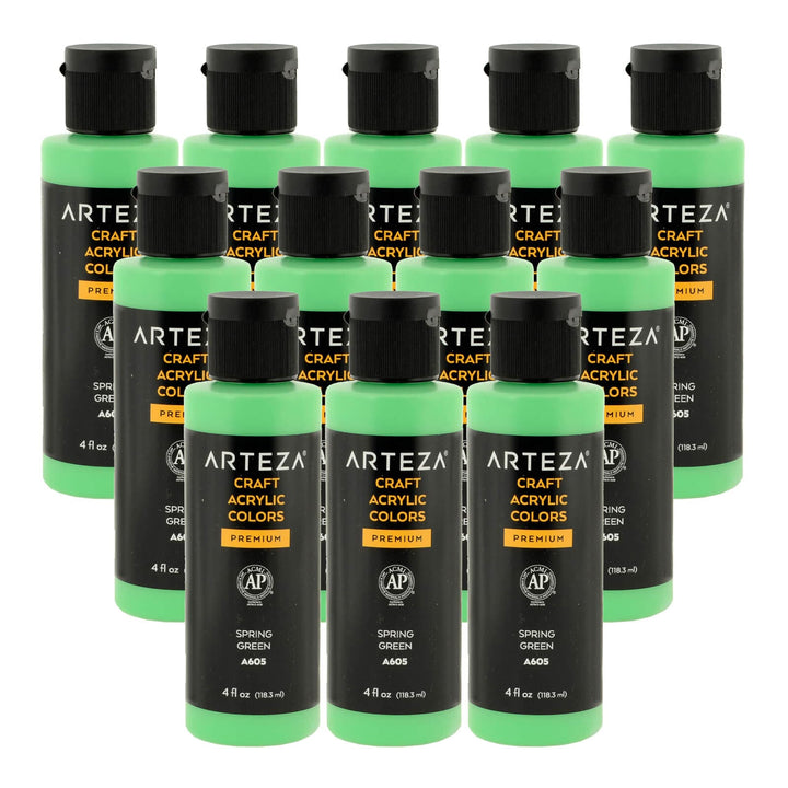 12 bottles of bright green acrylic paint on a white background