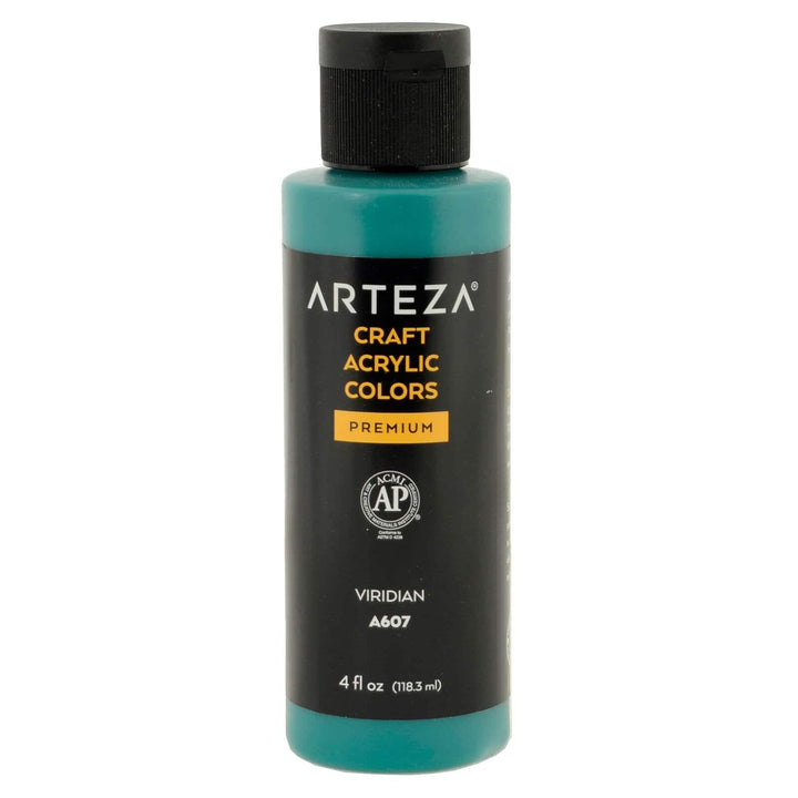 bottle of Arteza branded A607 Viridian green acrylic paint on a white background