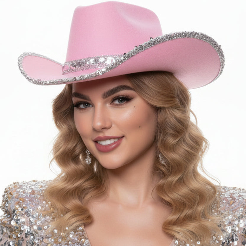 Woman wearing a baby pink cowboy hat with silver sequins