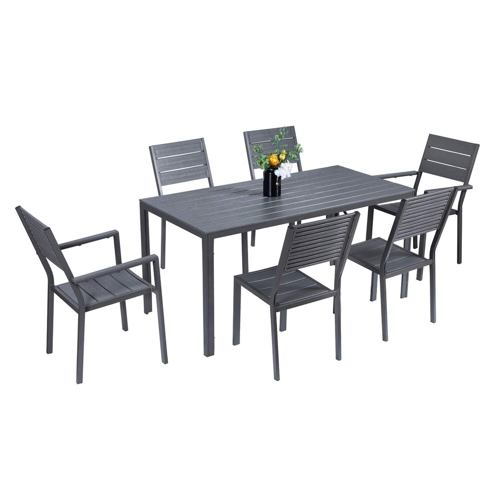 Dark grey garden dining table with 6 chairs on a white background