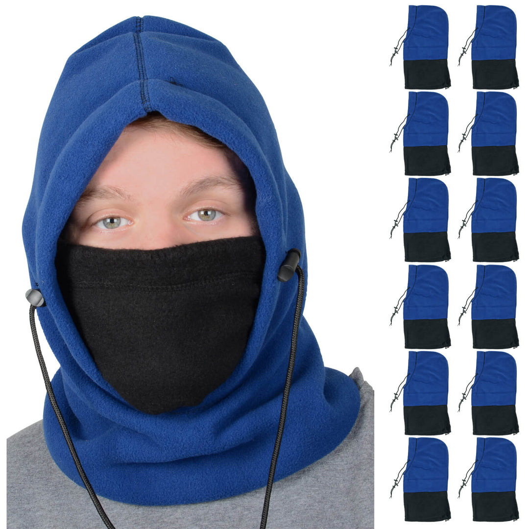 Man wearing a blue and black polar hood with face covering and 12 small hoods down the side