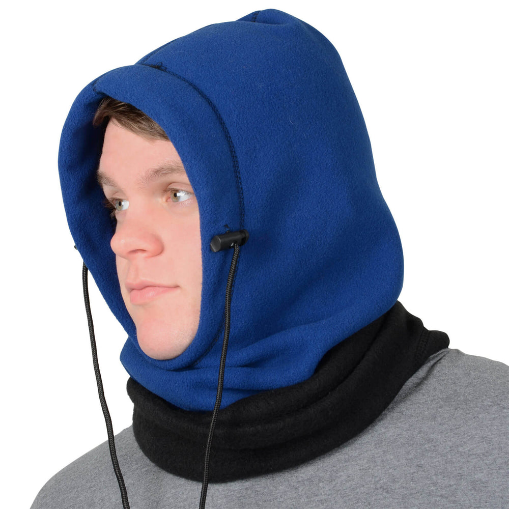 Person wearing a blue and black polar fleece hood with adjustable drawstring at the front