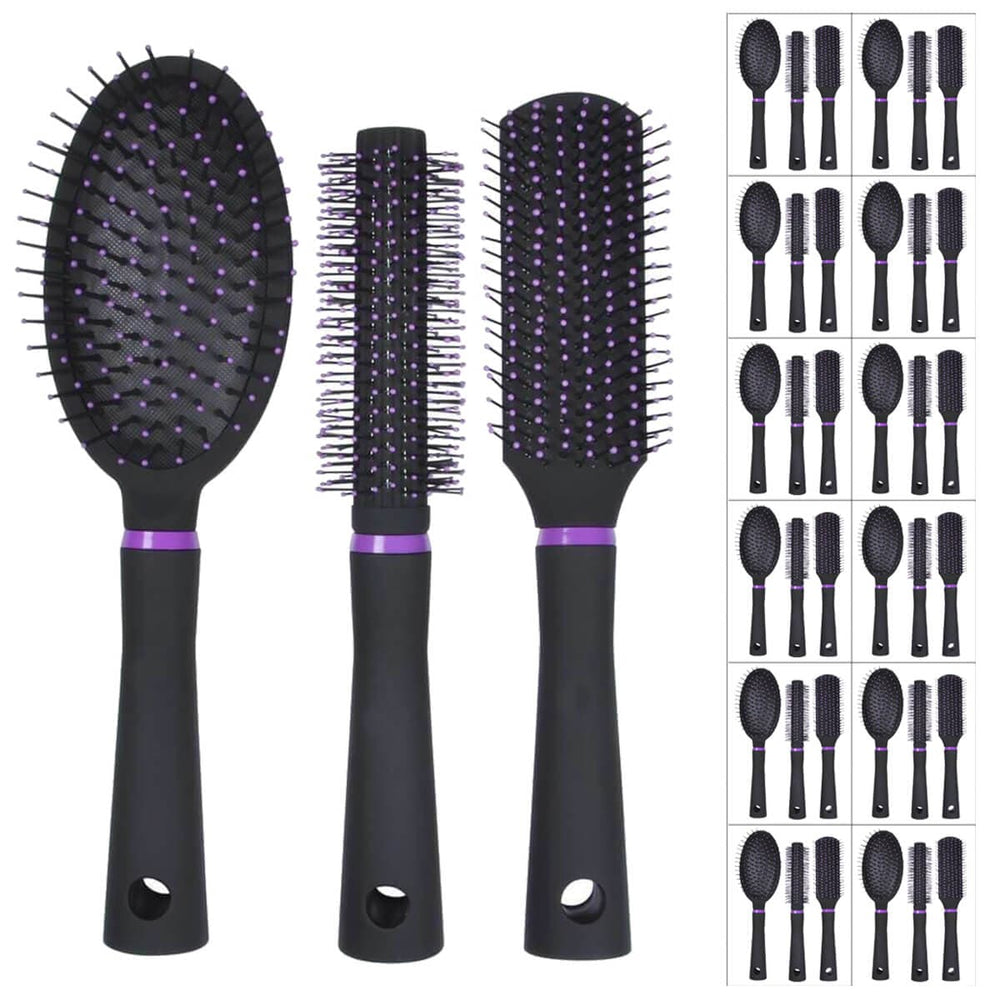 Set of black hairbrushes with purple accents on a white background