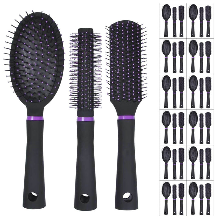 Set of black hairbrushes with purple accents on a white background