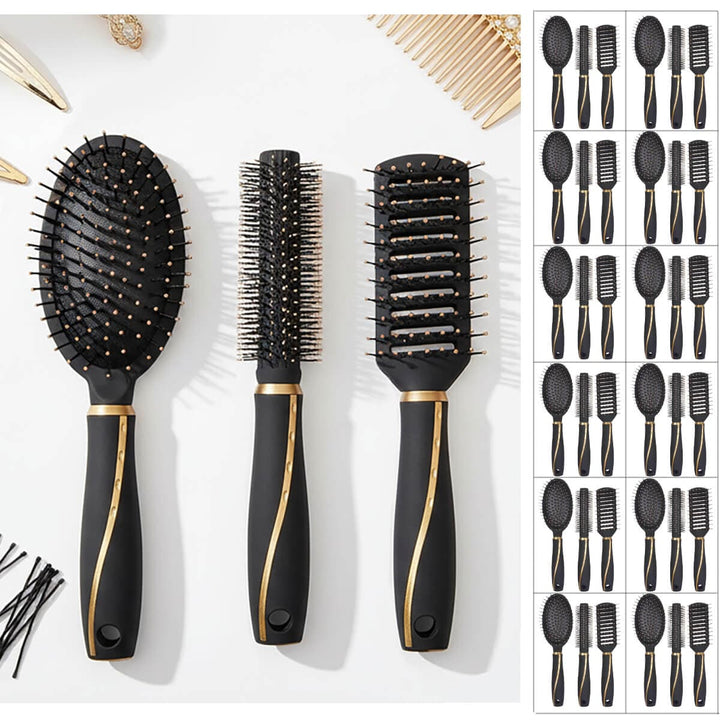 Set of black hairbrushes with gold accents on a white background