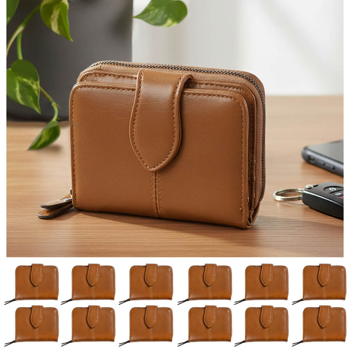 Brown leather purse on a wooden table with car key and 12 small brown purses