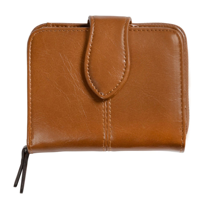 Tan brown leather purse on a white background