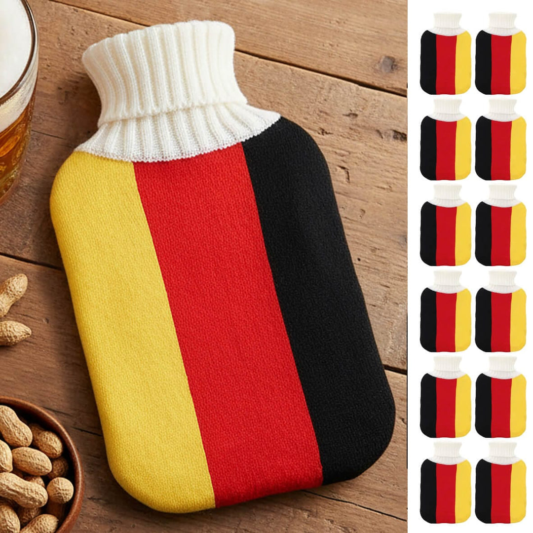 Yellow red and black German hot water bottle cover on a wooden table with beer and peanuts with 12 mini hot water bottles down the side