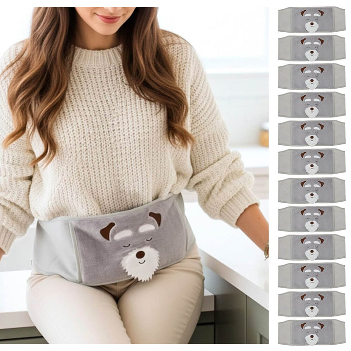 Person wearing a grey dog design hot water bottle belt in a kitchen