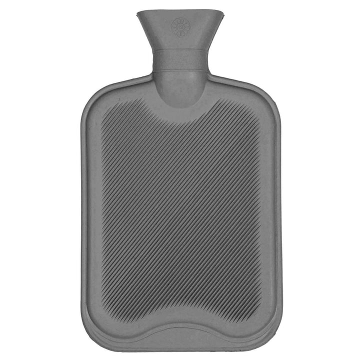 grey rubber hot water bottle on a white background