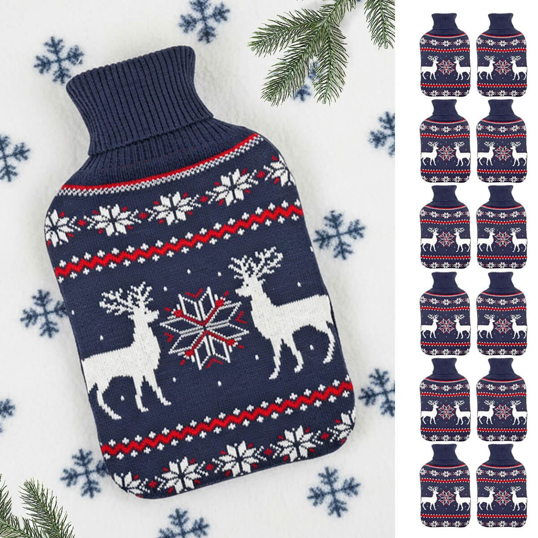Christmas hot water bottle with navy red and white reindeer snowflakes pattern and 12 small hot water bottles down one side