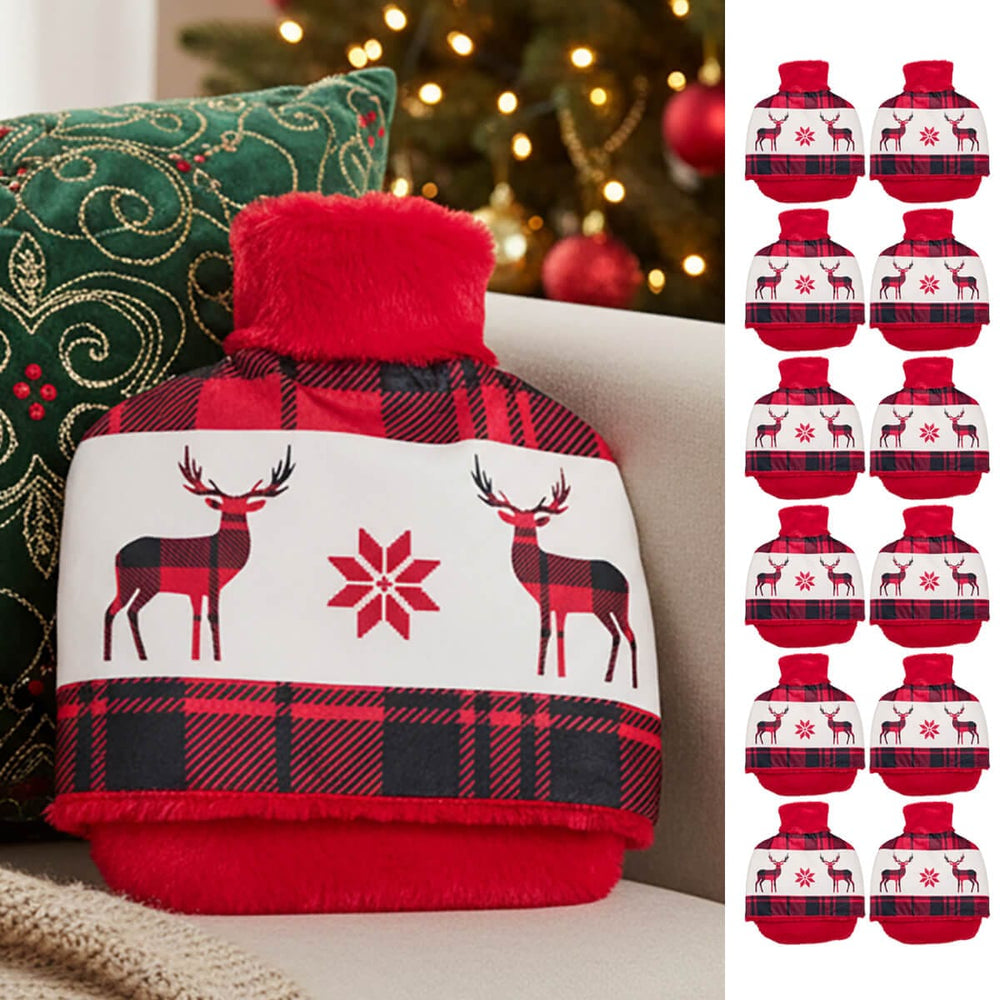 Red and black plaid hot water bottle with reindeer and snowflake design against a Christmas-themed background.