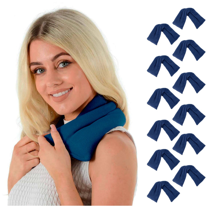 Woman wearing a blue neck heat pack with 12 heat packs displayed on a white background