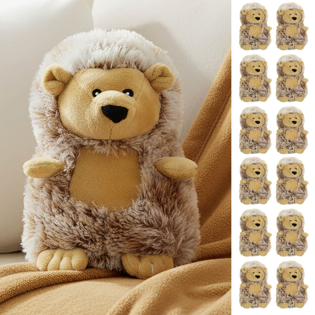 Plush padded hedgehog heat pack on a tan coloured blanket with pillows and 12 small hedgehog heat packs
