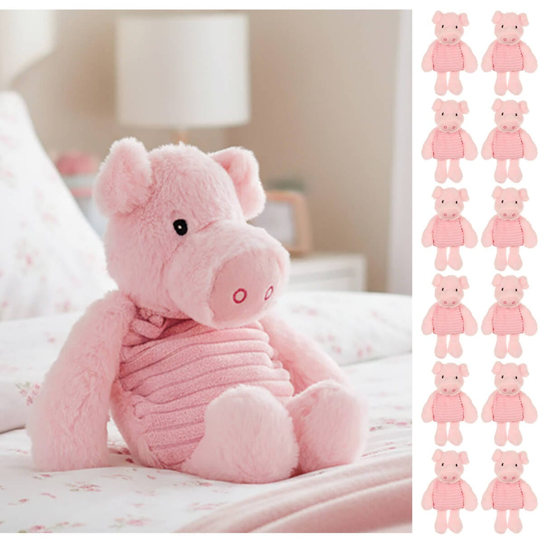 Pink plush pig heat pack sitting on abed with lamp and 12 small pigs down one side