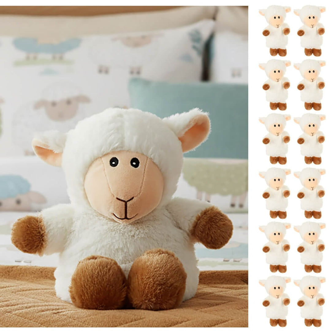 Plush lamb heat pack on a bed with a pattern of smaller lamb illustrations on the right.