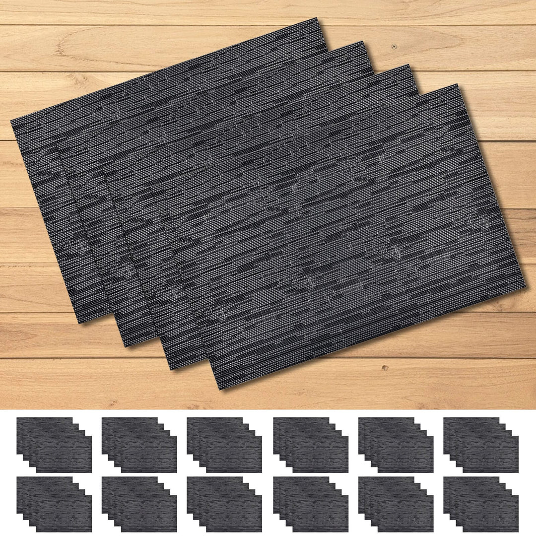 Set of black placemats on a wooden surface with additional placemats displayed below.