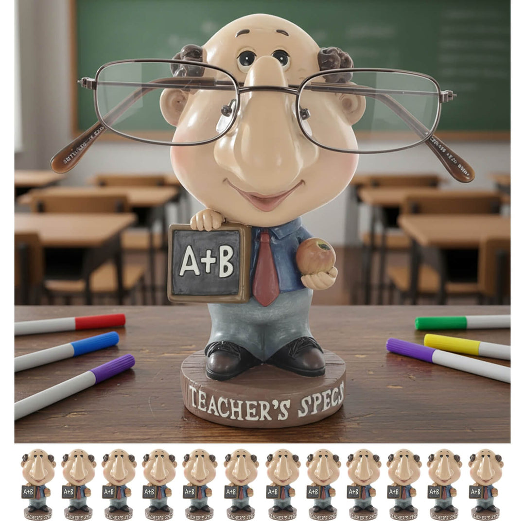 Male teacher reading glasses holder on a desk with coloured markers