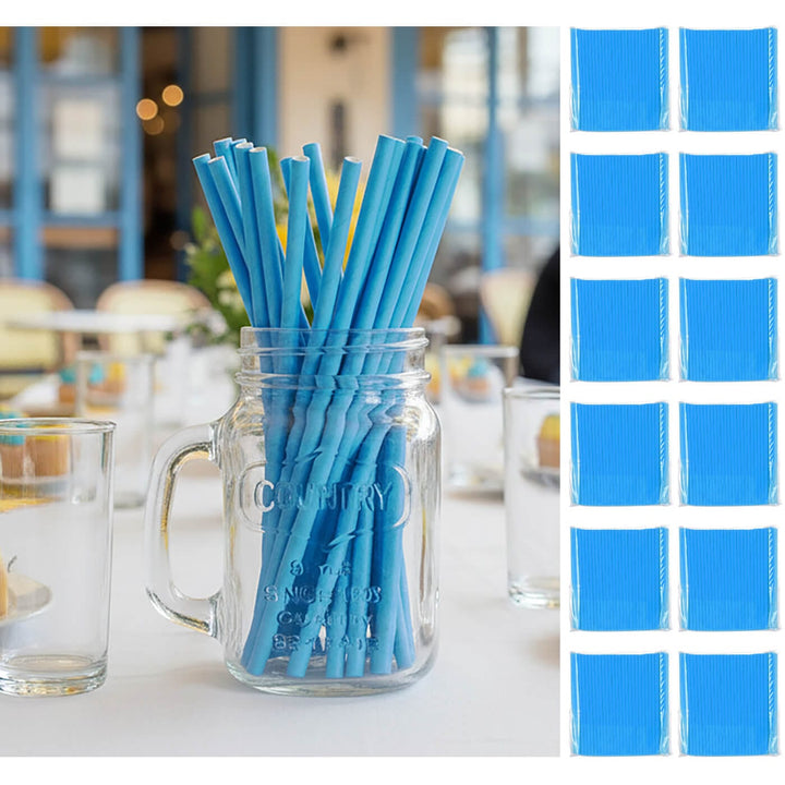 Blue straws in a mason jar on a cafe table with 12 packs of blue straws on the right.