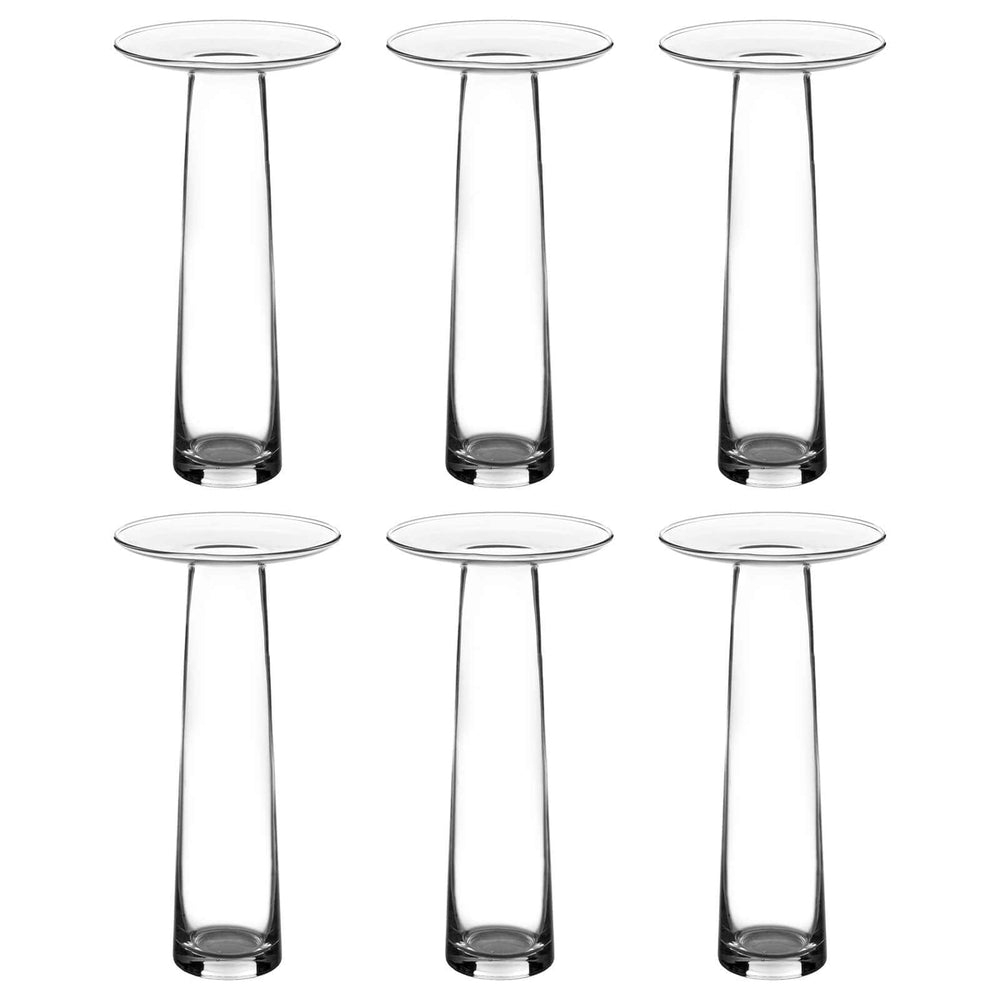 6 clear glass tall flower vases on a white background
