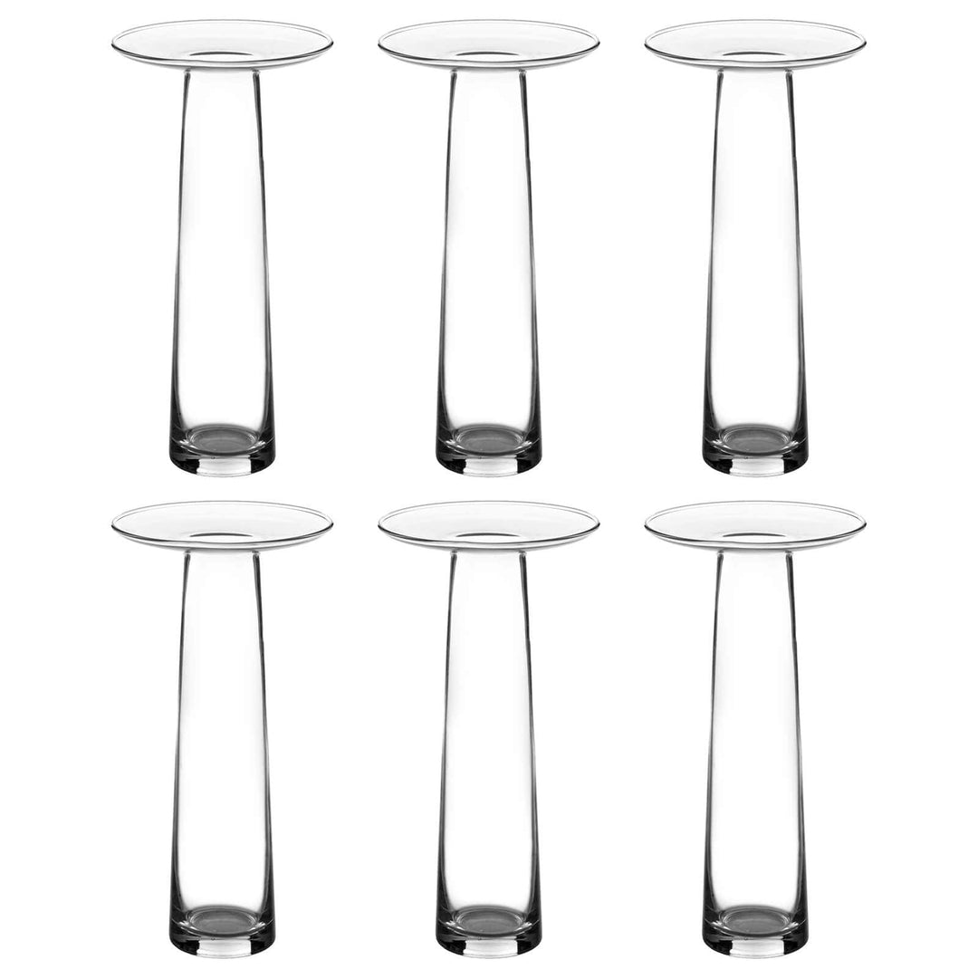 6 clear glass tall flower vases on a white background