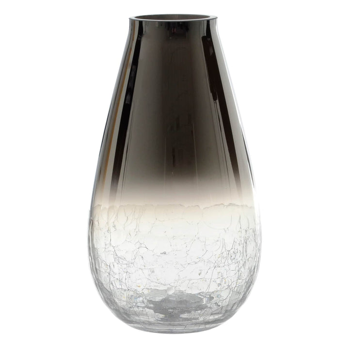 Smoked ombre teardrop shape flower vase with crackle glass base on a white background