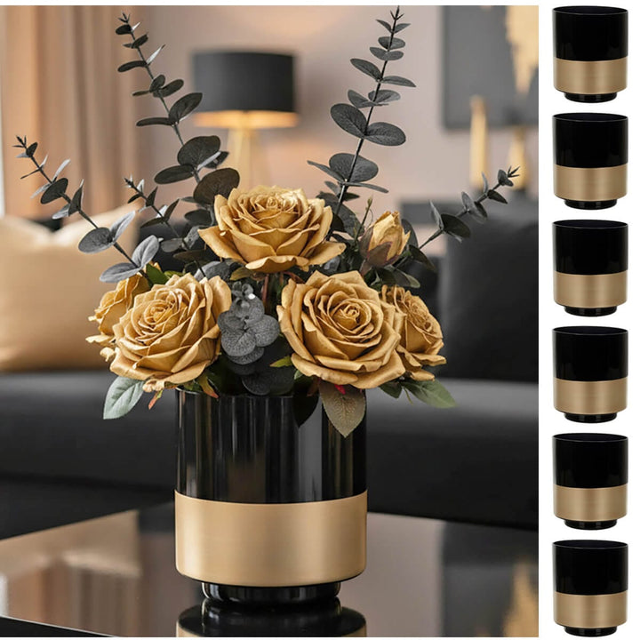 Bulk Pack of 6 Hibiscus Flower Vase Black Glass Gold Band 14cm