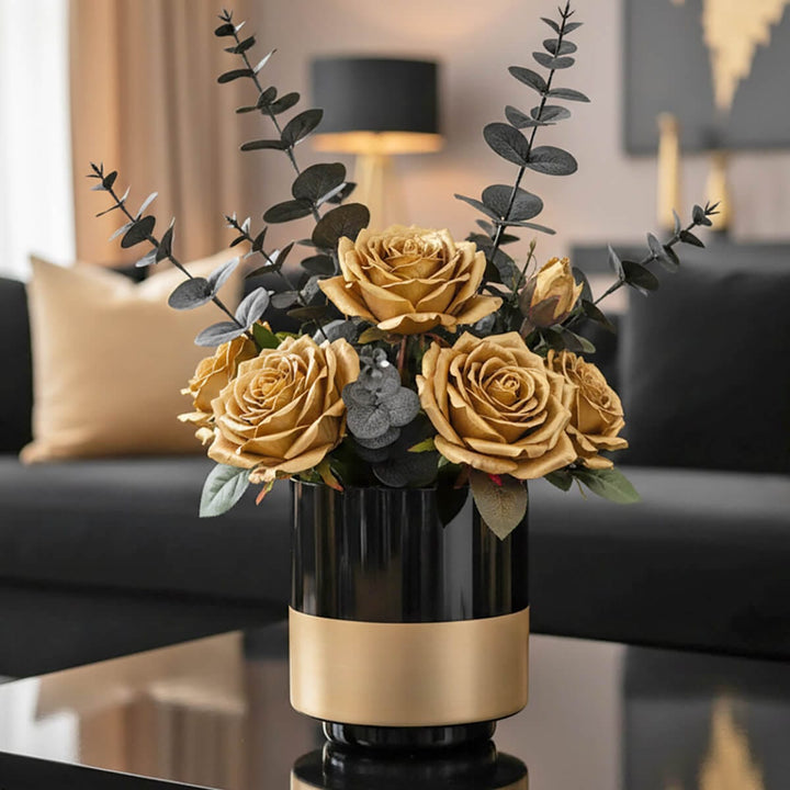 Bulk Pack of 6 Hibiscus Flower Vase Black Glass Gold Band 14cm