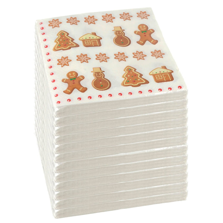 Stack of 12 packs og gingerbread design paper napkins for Christmas on a white background