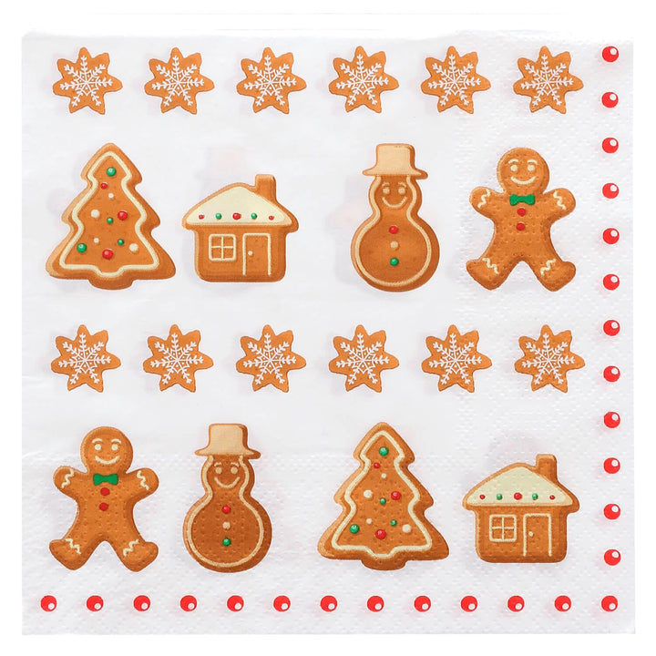 Christmas white napkin with gingerbread tree figure house snowman and snowflakes pattern