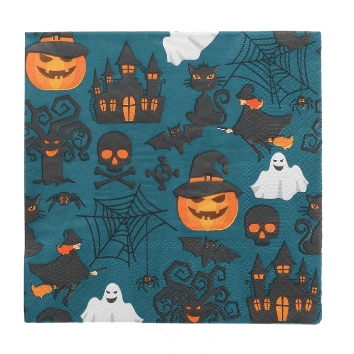 Halloween-themed paper napkin with pumpkins, ghosts, cats, and bats on a blue background