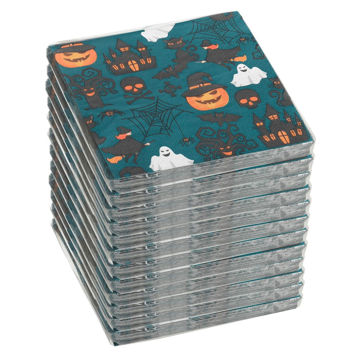 Stack of Halloween-themed napkins with pumpkins, ghosts, and cats on a blue background.