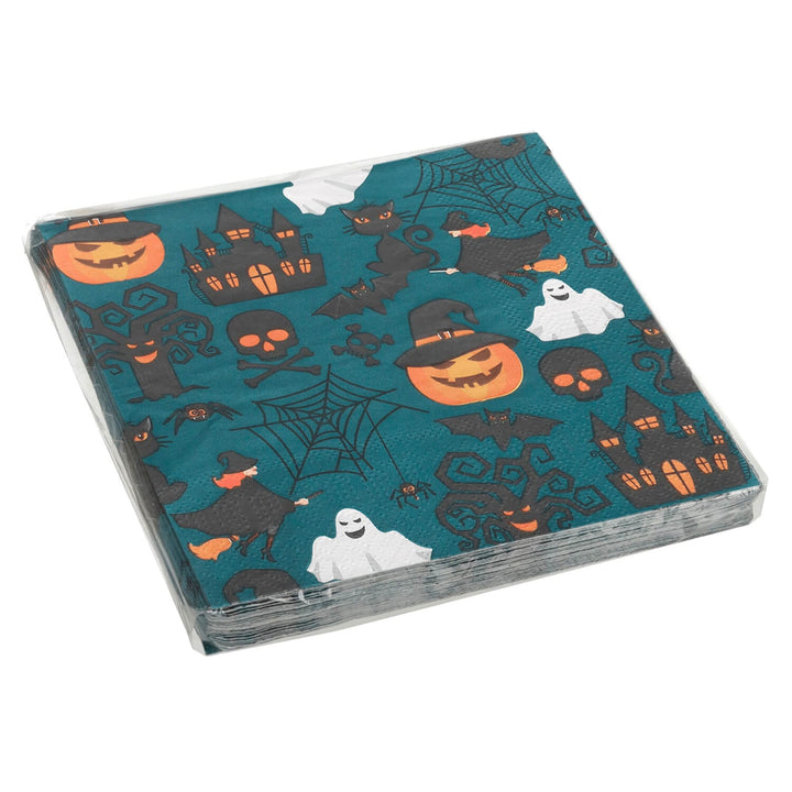 Pack of Halloween-themed napkins with pumpkins, ghosts, and bats on a teal background.