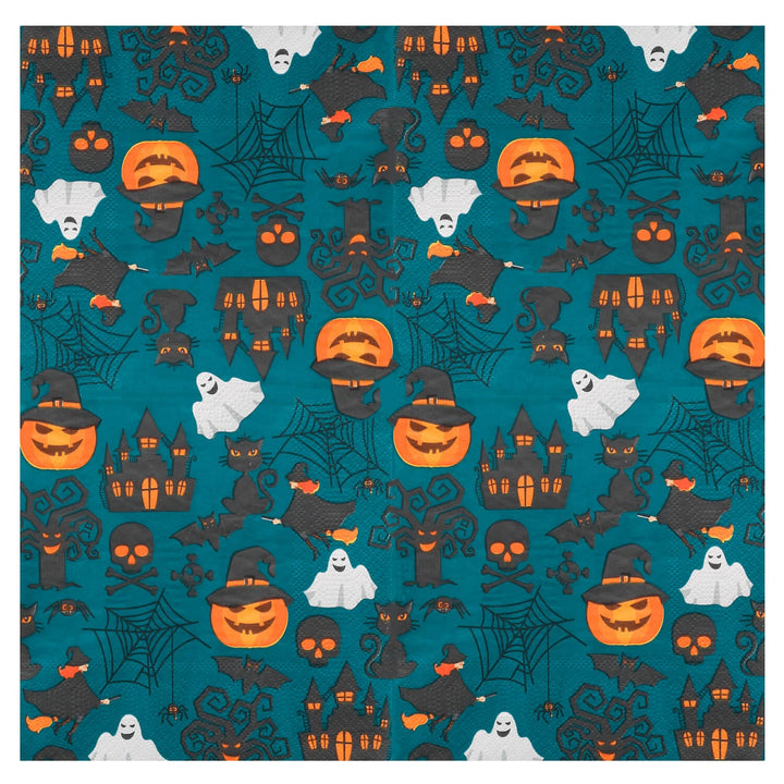 Halloween-themed pattern paper napkin with pumpkins, ghosts, cats, and cobwebs on a blue background.