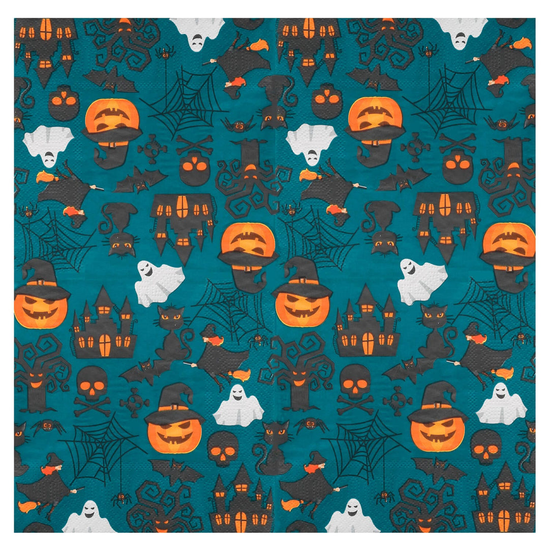 Halloween-themed pattern paper napkin with pumpkins, ghosts, cats, and cobwebs on a blue background.