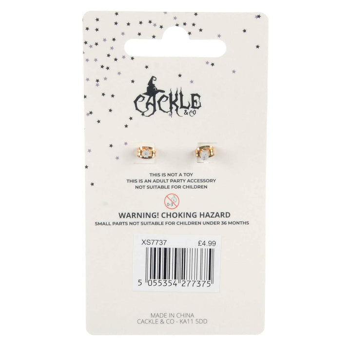 Pair of earrings on a Cackle &amp; Co packaging with product details.