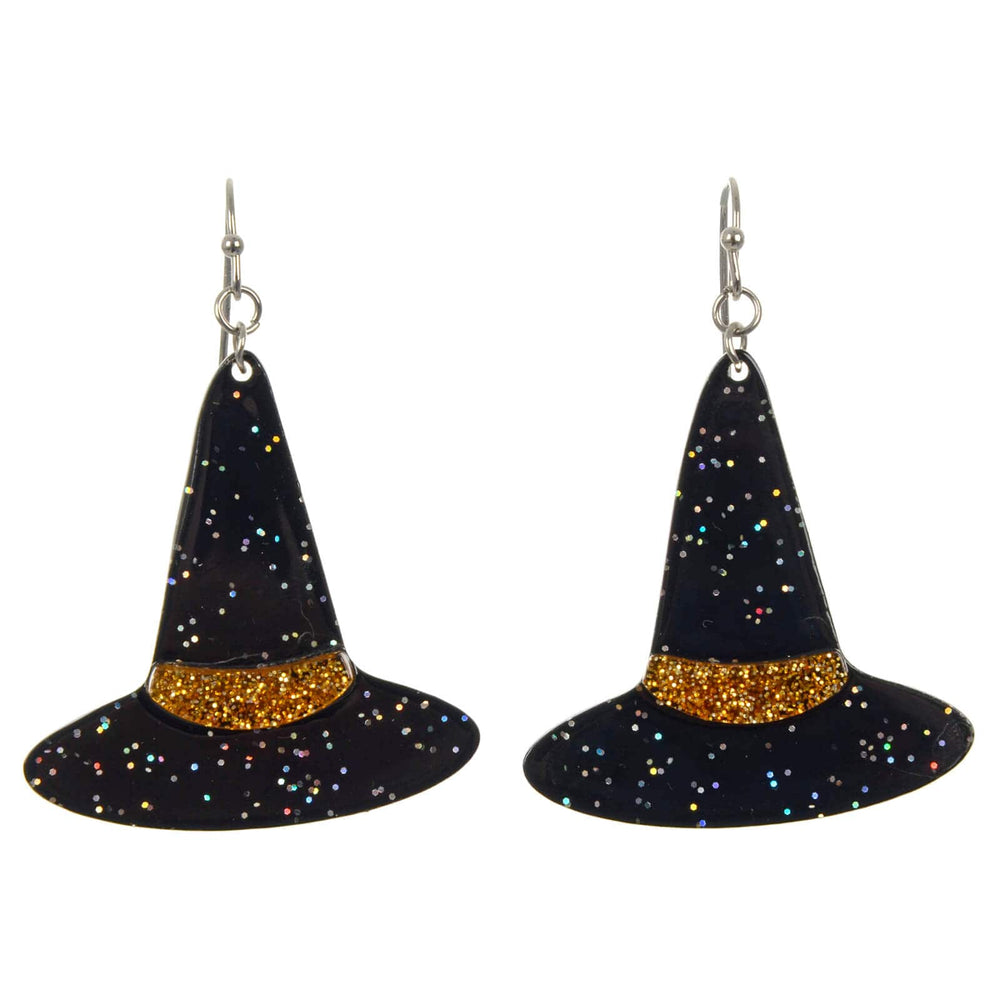 Black witch hat earrings with gold glitter bands on a white background