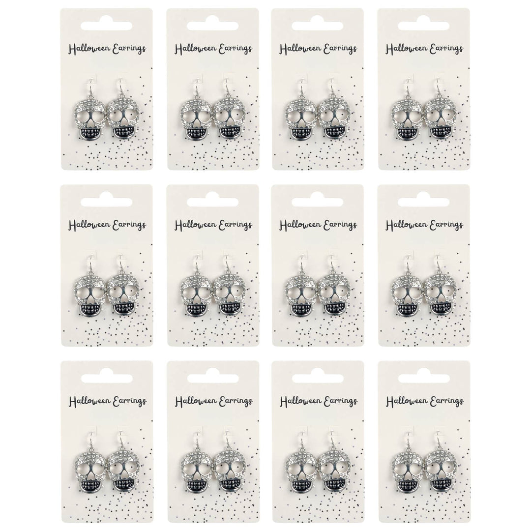 12 display cards with silver skull drop earrings for Halloween